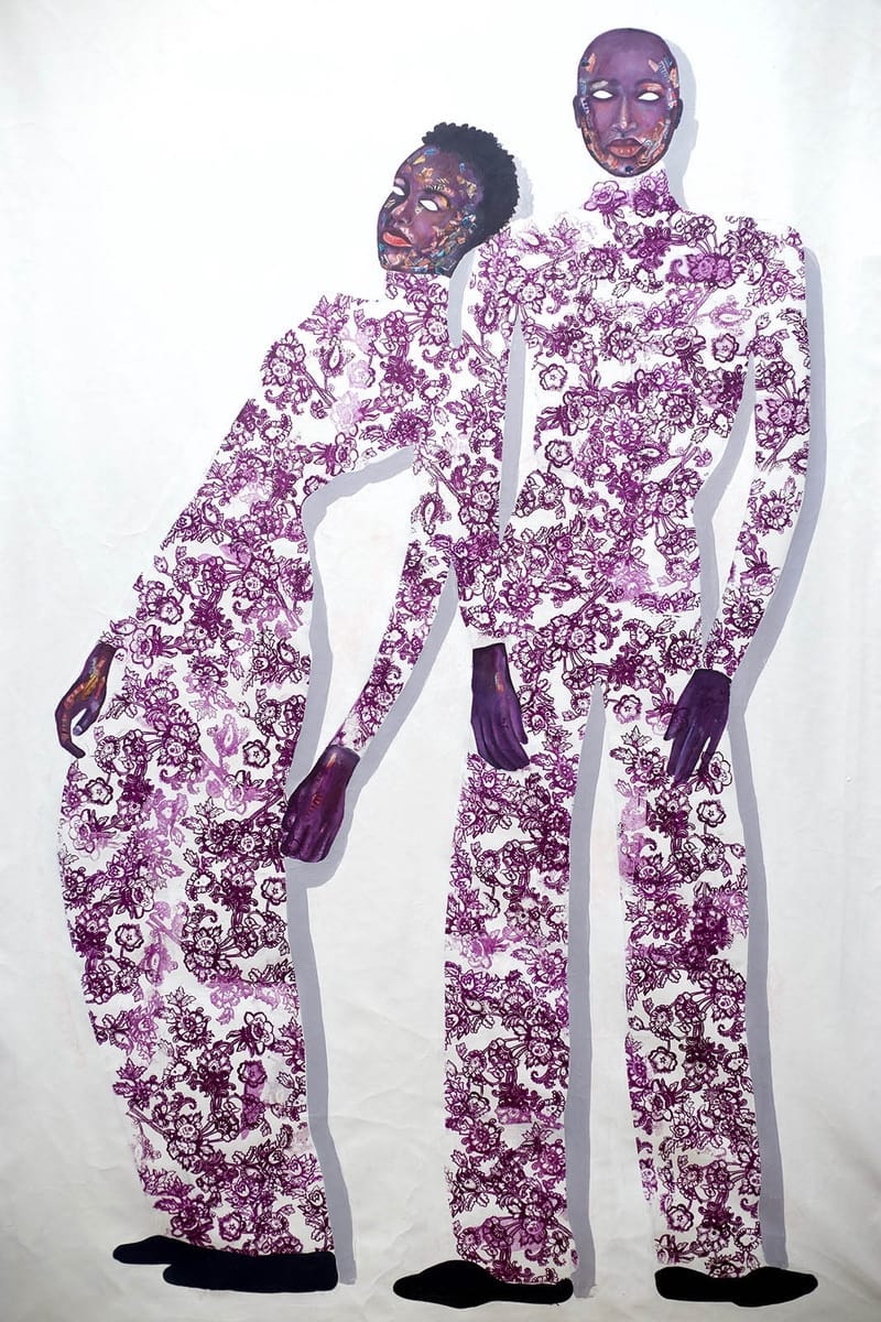 One of Taku’s prints, featuring two black people in white jumpsuits with purple prints. The figure on the left is leaning against the figure on the right, who is standing.