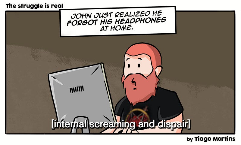 Cartoon about forgetting headphones at home and enter in a state of despair