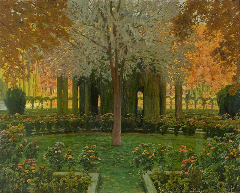 A painting by Santiago Rusinol shows a garden with a central tree in bloom in front of a mysterious ruin covered in vines or moss.