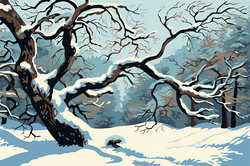 pop art illustration of a large amount of snow covers the tree branches, dark brown and white, twisted branches