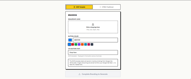 Self-service app for branding and exporting dynamic advertising packages
