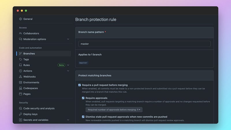 A screenshot of the GitHub website where you can protect the main branch so no direct commits are allowed.