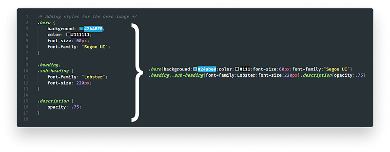 before and after compressing a set of rules in CSS