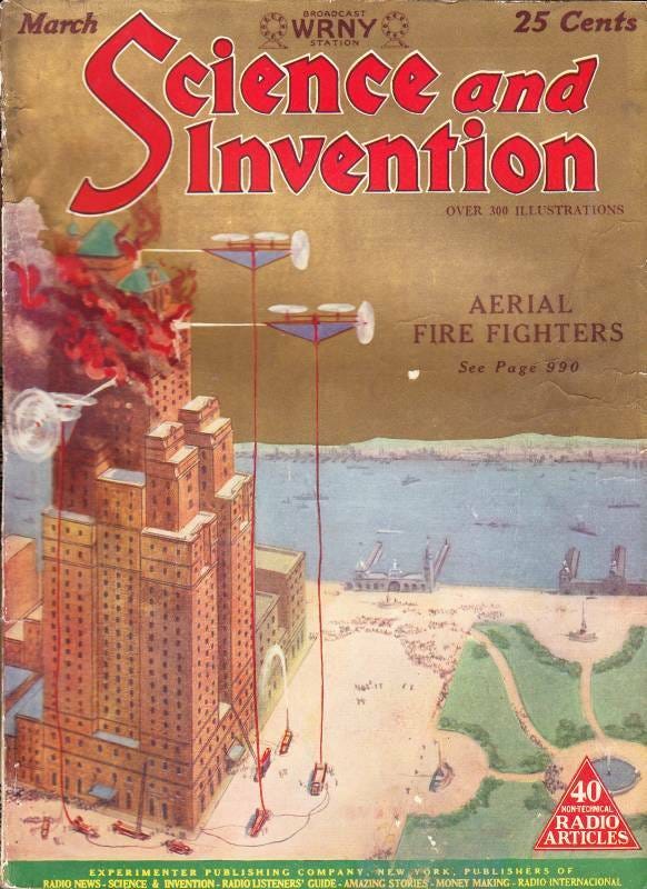 In this vintage magazine cover, aerial firefighting drones save a burning skyscraper.