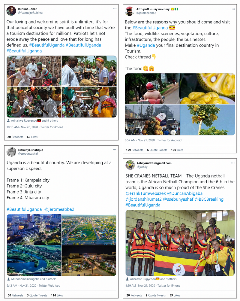 Four accounts that had actively amplified the #StopHooliganism hashtag worked to promote Uganda as beautiful country. (Source: @AsantejnrRuhima/archive, top left; @jeromeabba2/archive, top right; @ssebunyashaf/archive, bottom left; @jashily/archive, bottom right)