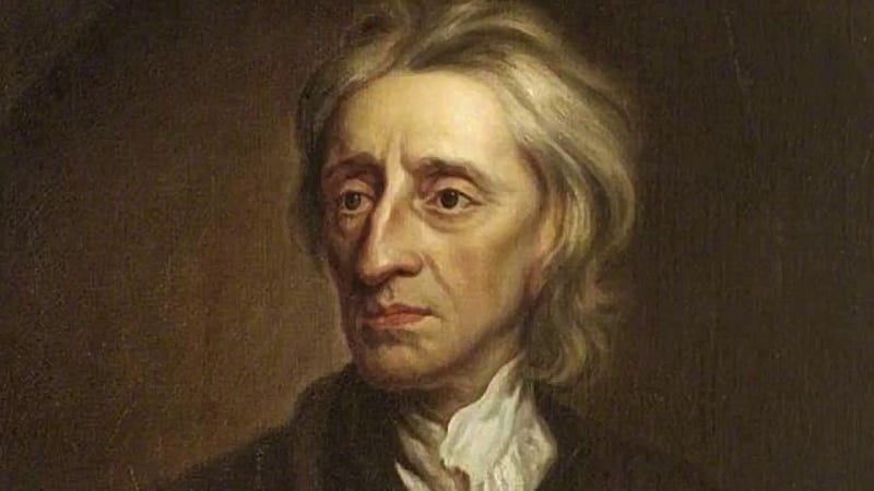 Painting of John Locke. A white man shown from the shoulders up. He has white hair, a large nose, and a fairly gaunt looking face.