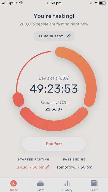 Tracking an extended fast with the Zero fasting app. The app shows 49-hours and 23 minutes spent fasting.