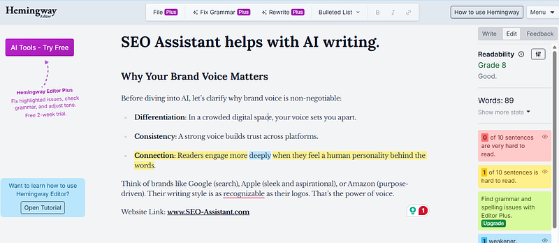 hemingway editor improve writing ai at seo-assistant.com