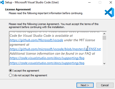 License Agreement for installing Visual Studio Code