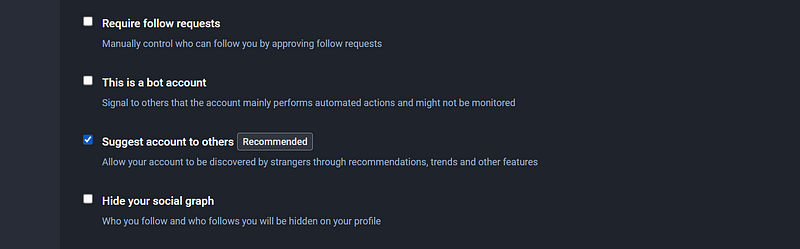 My recommended settings in the profile: uncheck everything Except share this account with others.