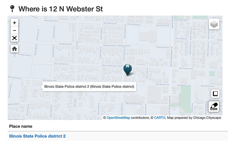 Screenshot of an Address Snapshot showing which ISP district the Naperville, Illinois, address is in.