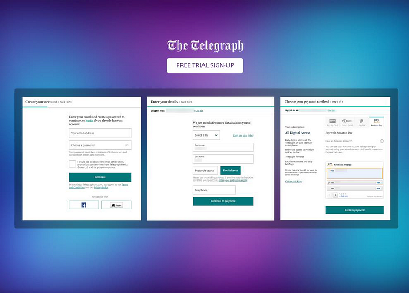 3 screenshots of The Telegraph showing the payment process to sign up