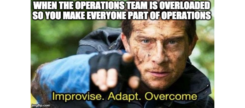 Image showing Bear Grylls pointing with his finger. Text in the top of the image states “when the operations team is overloaded so you mak everyone part of you operations team”. Text in the bottom of the image states “Improvise. Adapt. Overcome.”