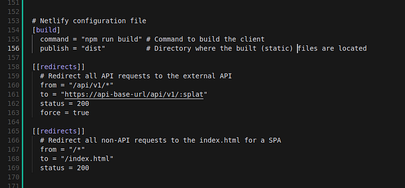 Netlify configuration file showing build commands and redirect rules