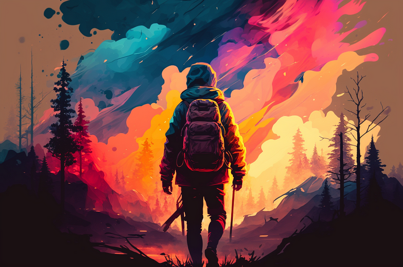 [PROMPT] Man is making a walk in a forest near a bright colored sky, in the style of graphic design-inspired illustrations, 32k UHD, colorful cartoon, smokey background, high resolution — ar 3:2