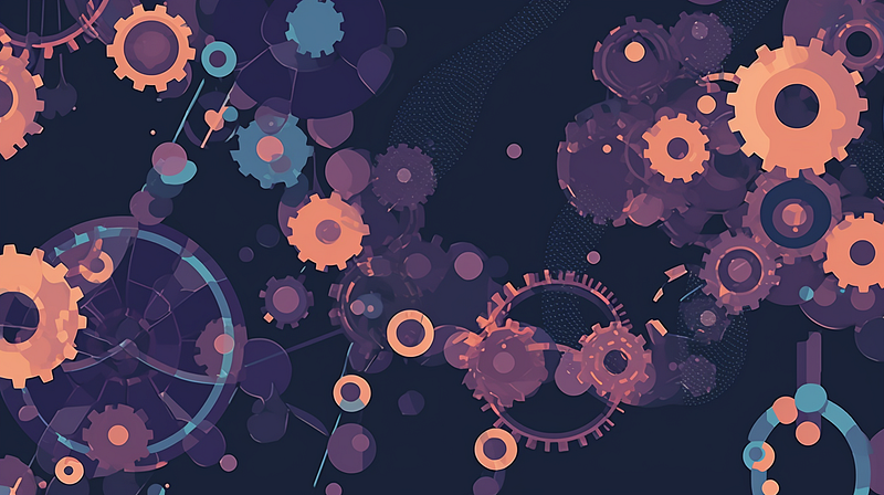 A vivid abstract image showing various gears in different colours visualizing the individual parts of a complex system