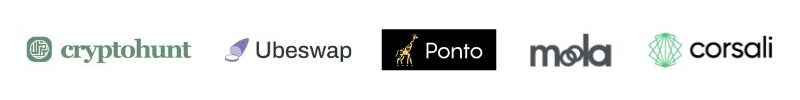 a collection of Flori community logos: Cryptohunt, Ubeswap, Ponto, Moola, and Corsali.