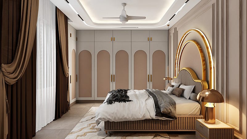 This luxurious bedroom showcases elegant arched wardrobes, warm ambient lighting, and a statement headboard with golden illuminated arcs. Soft beige tones, rich drapery, and a plush bed setup create a serene and upscale atmosphere. The refined detailing, modern ceiling design, and sophisticated décor elements make this room a perfect blend of comfort, style, and contemporary luxury.