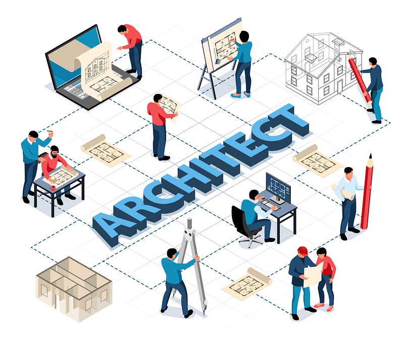 This illustration showcases architects collaborating on building plans, 3D models, and technical drawings. From drafting floor plans and reviewing blueprints to digital modeling and on-site discussion, it highlights the complete architectural design process. Perfect for representing architecture services, construction planning, creative design workflow, and professional architectural expertise.