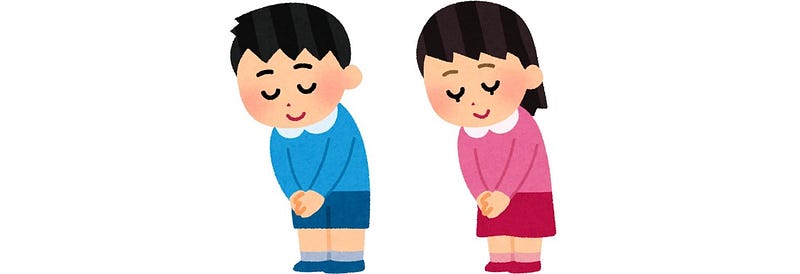 A boy and girl with eyes closed, bowing respectfully.