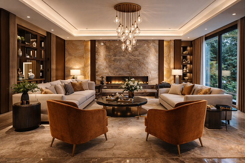 This luxury modern living room interior by ArchitectsHive showcases premium interior design with a stunning marble feature wall, sleek fireplace, and elegant chandelier lighting. Rich wooden paneling, plush sofas, and designer armchairs create a refined seating layout. Large glass windows and warm ambient lighting enhance comfort and sophistication. Ideal for homeowners seeking modern home interiors, luxury living room design, and expert architectural solutions by ArchitectsHive.