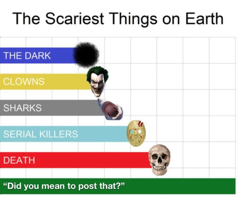 The scariest things in ascending order, the dark, clowns, sharks, serial killers, death, and “Did you mean to post that?”