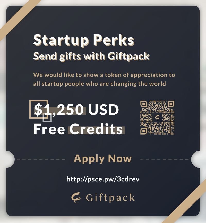 Giftpack startup perks promotional poster with QR code