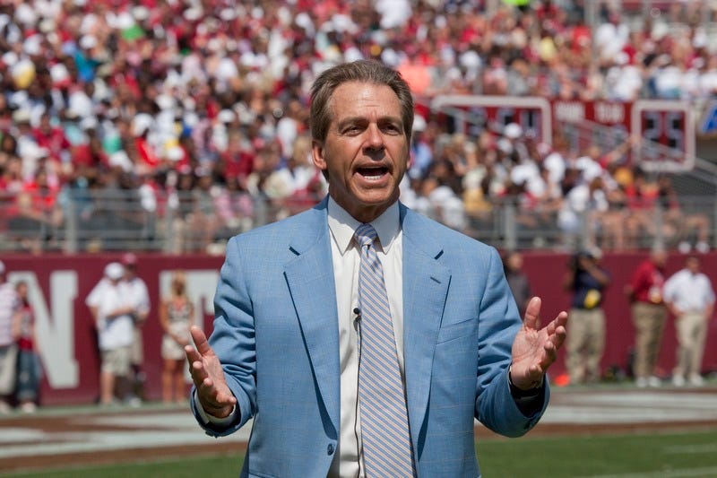 Nick Saban on the Alabama Crimson Tide Football field.