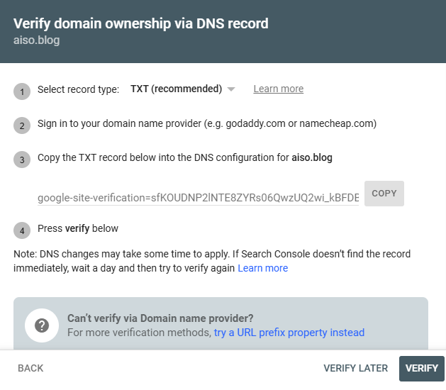 domain verify aiso.blog for GSC account