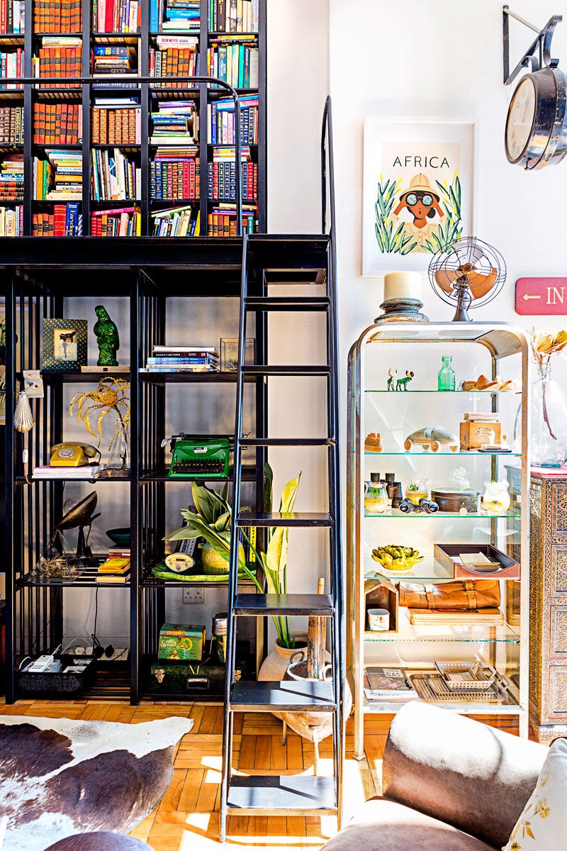 Bookshelves and a curio cabinet stuffed with quirky items and tchotchkes.