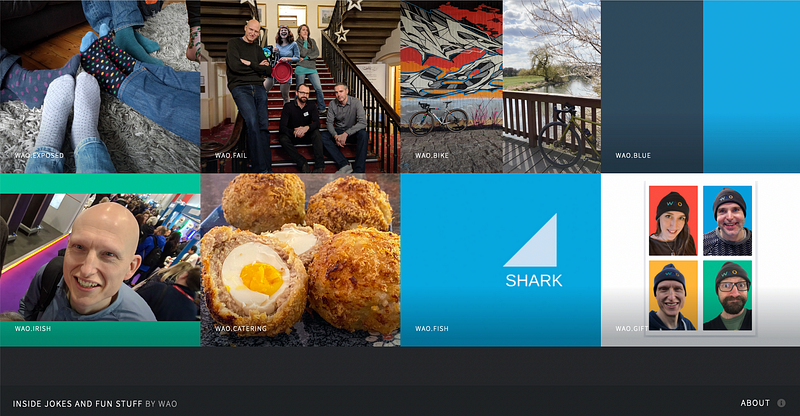 Screenshot of wao.lol showing a patchwork of images. Socks! Scotch Eggs! Sharks!