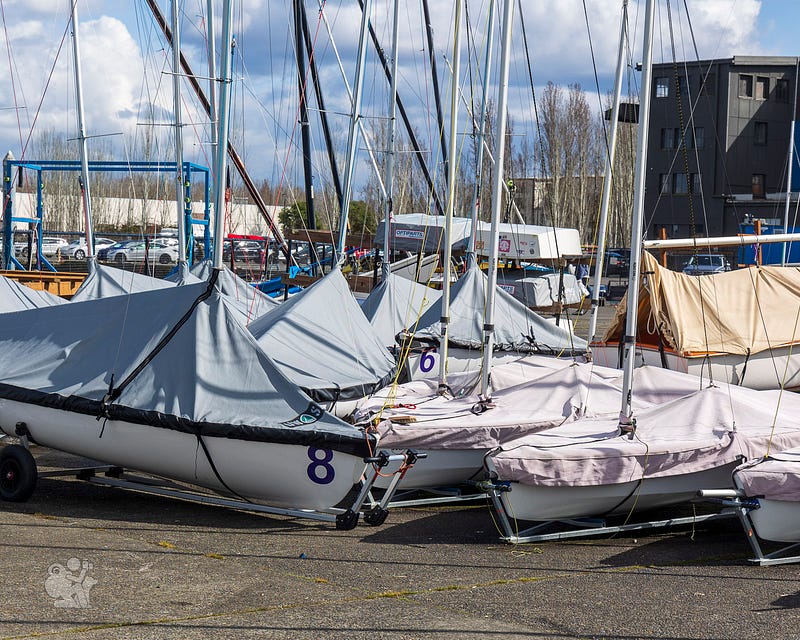 A group of small dingies covered by tarpaulins sitting in storage in a boat yard A group of small dingies covered by tarpaulins sitting in storage in a boat yard