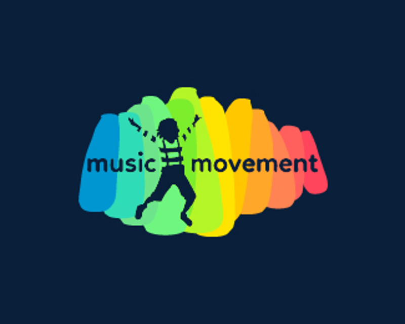 A colorful logo for ‘music movement’ featuring a silhouette of a child joyfully jumping in the center. The background consists of overlapping, vibrant waves in shades of blue, green, yellow, and red, representing the energy and rhythm of music and movement. The text ‘music movement’ is placed prominently in the design