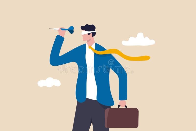 Ilustração de homem que remete a uma pessoa procurando emprego, com casaco e maleta, porém de olhos vendados. Ele segura um dardo e não possui um alvo.