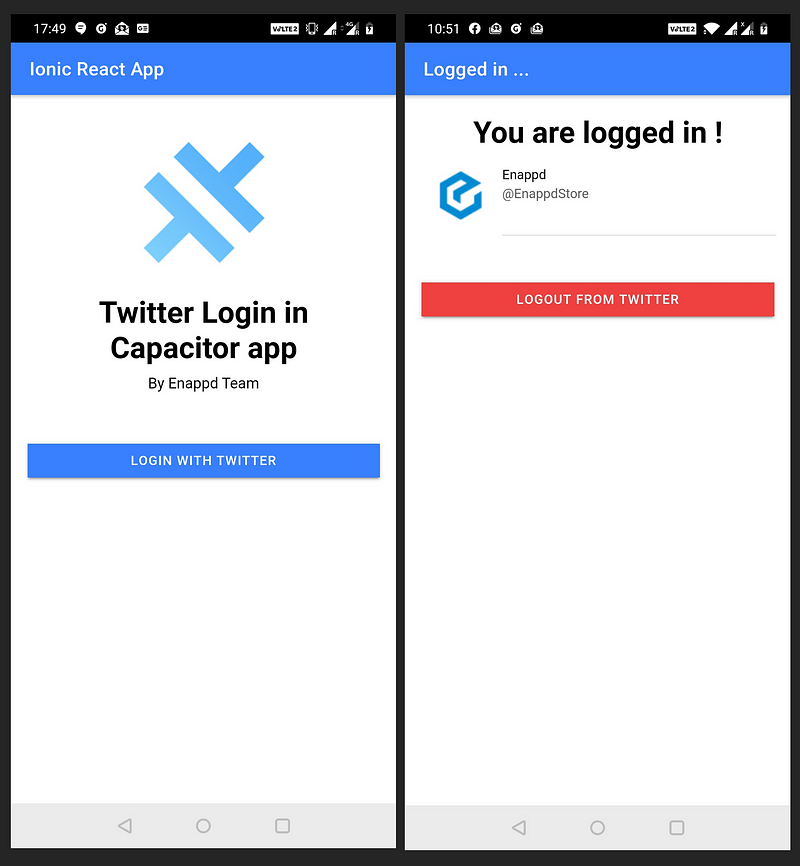 Login and Homepage for Ionic React Capacitor Twitter Login starter app