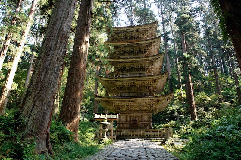 A bare wooden pagoda on Mt. Haguro in Yamagata Prefecture