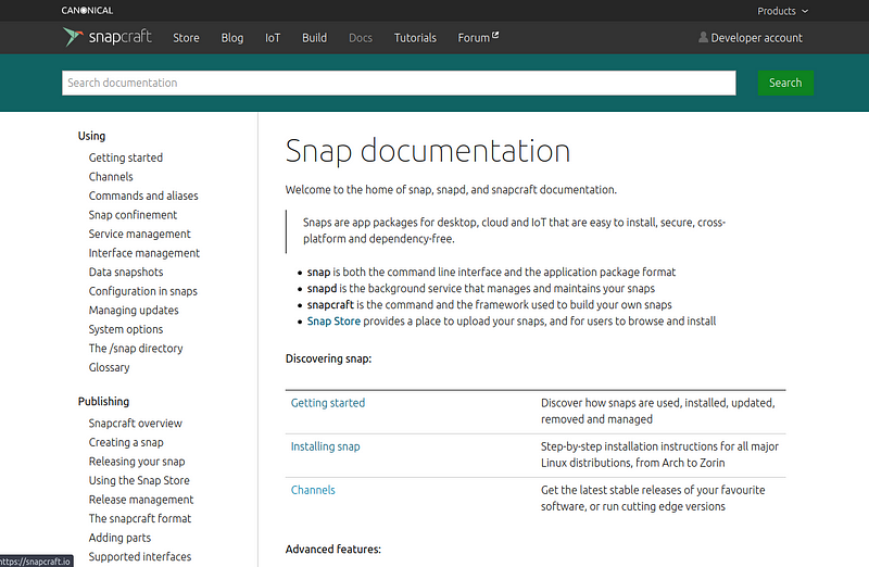 The documentation page for the Snapcraft project. (Credit: snapcraft.io)