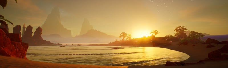 A beautiful sunset over Sanctum Mesa in the game Illuvium.