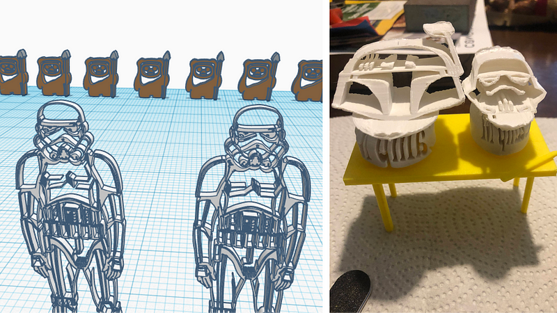 Students learned to 3D print their own Star Wars figurines using Noun Project icons imported into Tinkercad to render them in 3D