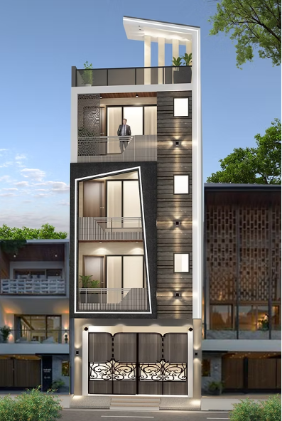 Modern residential front elevation designed by ArchitectsHive, showcasing contemporary architecture with clean vertical lines, textured façade panels, and elegant balcony detailing. The design highlights smart space utilization, warm lighting accents, and stylish railing patterns that enhance the building’s visual appeal.