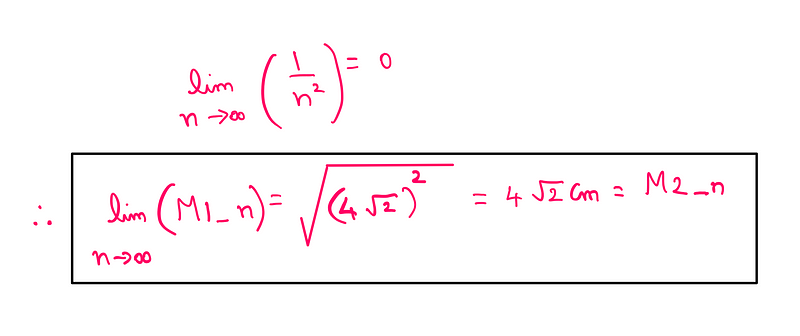 lim n->infinity [1/n²] = 0. Therefore, lim n->infinity [M1_n] = 4√2 cm.