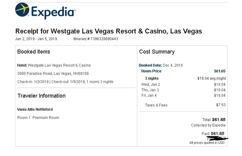 expedia receipt west gate hotel Las Vegas