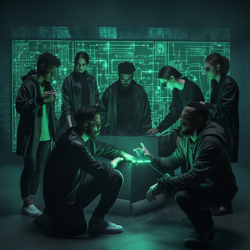 A group of computer programmers lit in green light