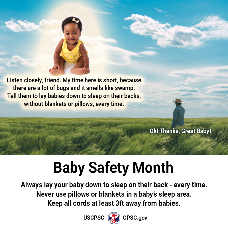 A giant baby floating in the sky visits a man standing in a field to let them know how to keep babies safe.