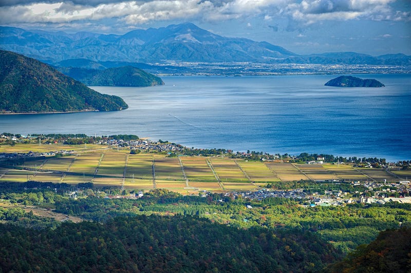 An aerial shot of Nagahama and Chikubushima in Shiga Prefecture