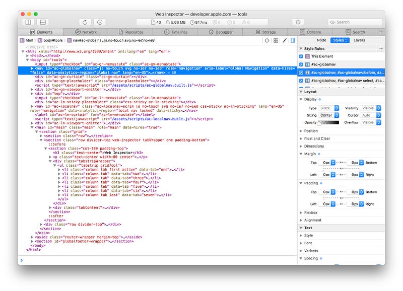 Safari developer tool window — Debug Ionic apps