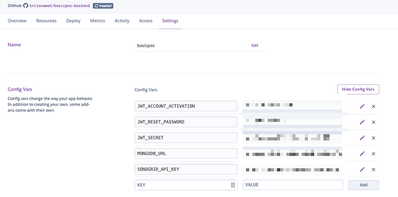 Adding all the environment variable keys into Heroku setting