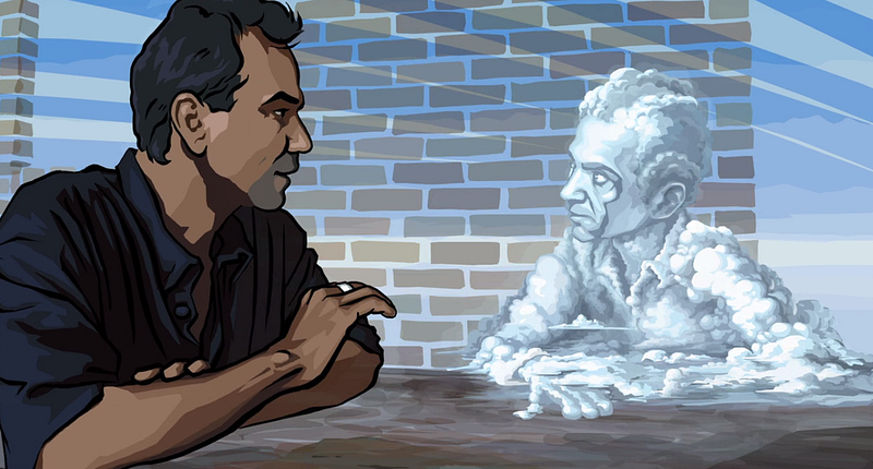 An animated scene of one man talking to an apparition