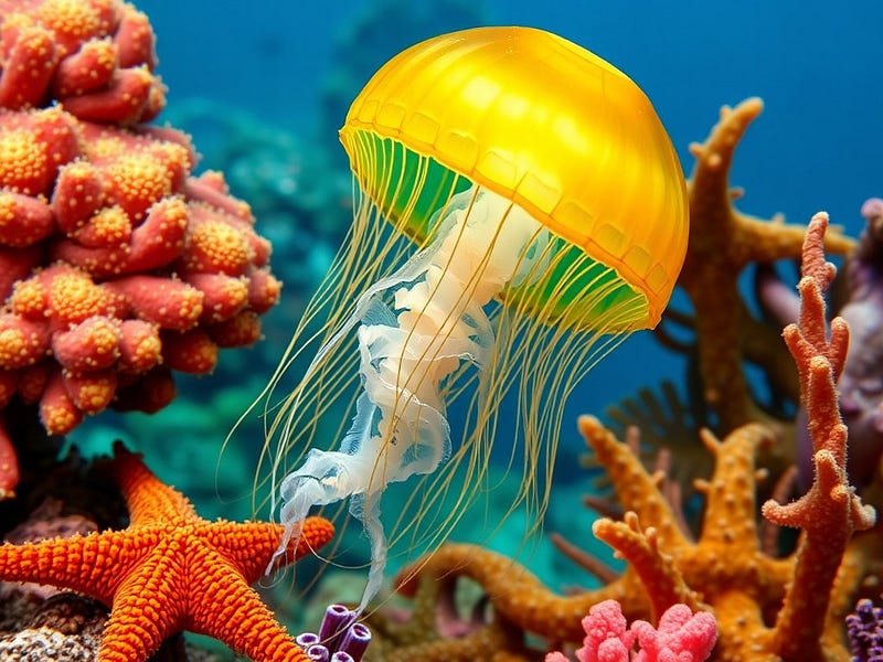 A colourful underwater scene featuring a jellyfish, sea sponge, starfish, coral, and sea cucumber, showcasing the diversity of brainless marine life.