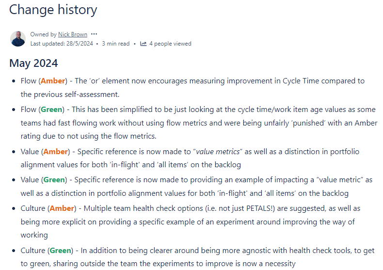 A screenshot of a Confluence page showing change history for the self-assessment